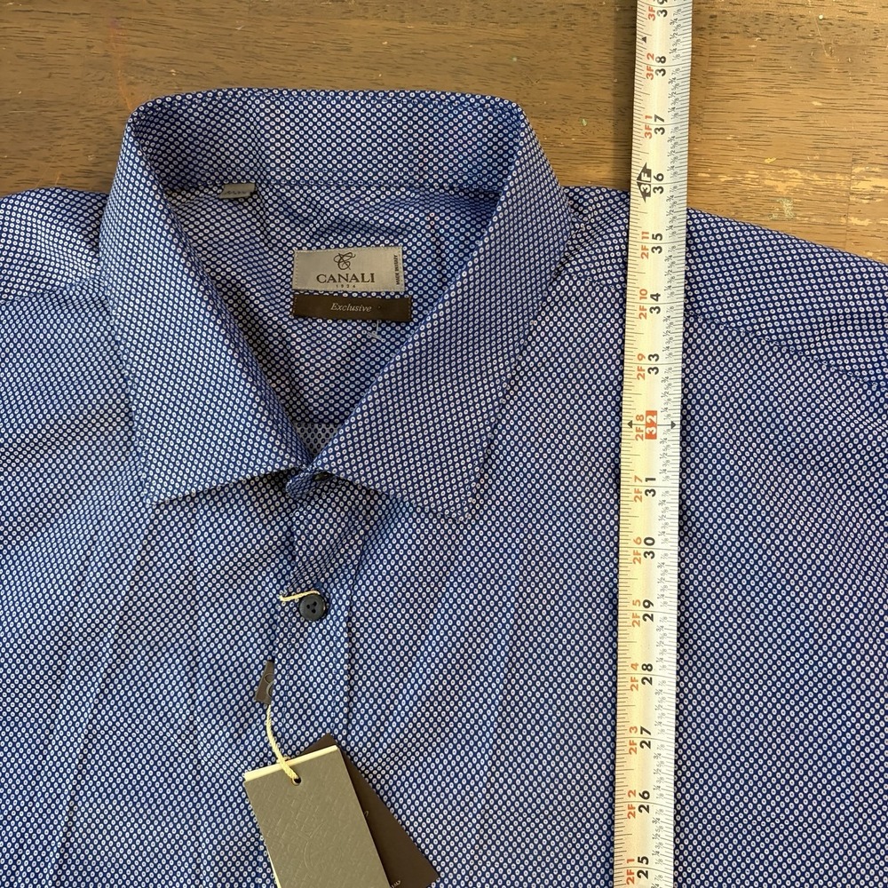 Canali Micro Print Men's 50 20.5 Modern Fit Blue Button Up Dress Shirt Exclusive - Picture 10 of 14